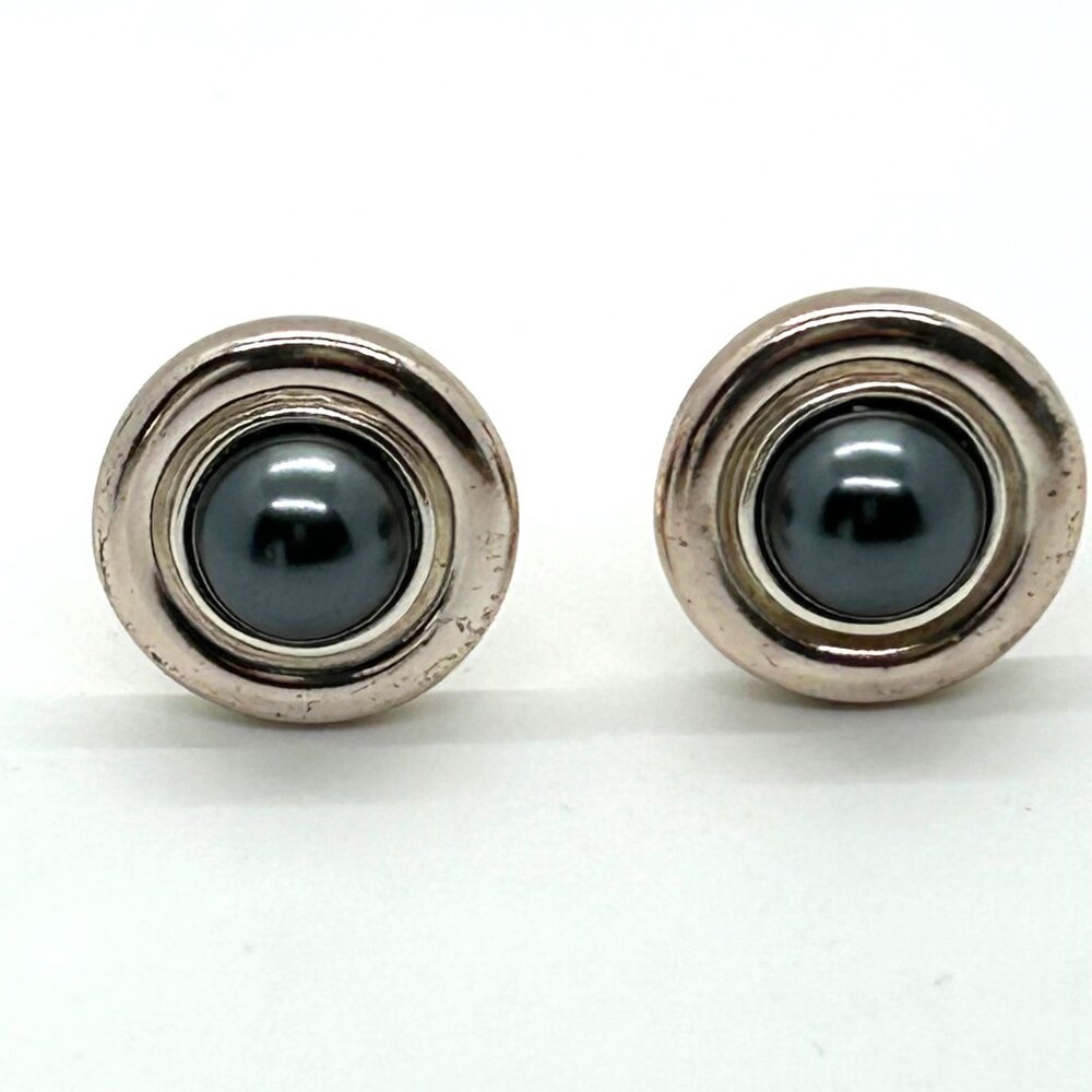 Vintage Carolee Clip-on Earrings Silver-tone Faux Black Pearl Button Modernist